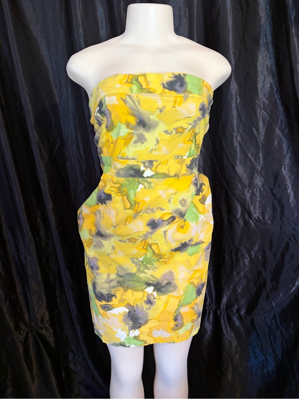 New York & Company Yellow Strapless Floral Print Sheath Dress